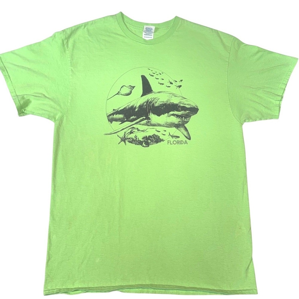 Delta Florida Great White Shark Graphic Tee Mens XL Cotton Lime Green Shirt